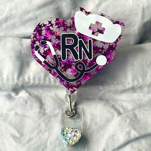 Purple RN Badge Reel with Heart Charm